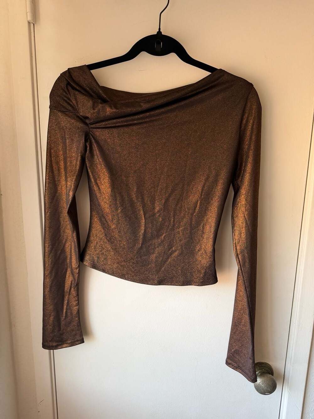 Alix Nyc Metallic Bronze Long Sleeve Asymmetric Ruched Top
